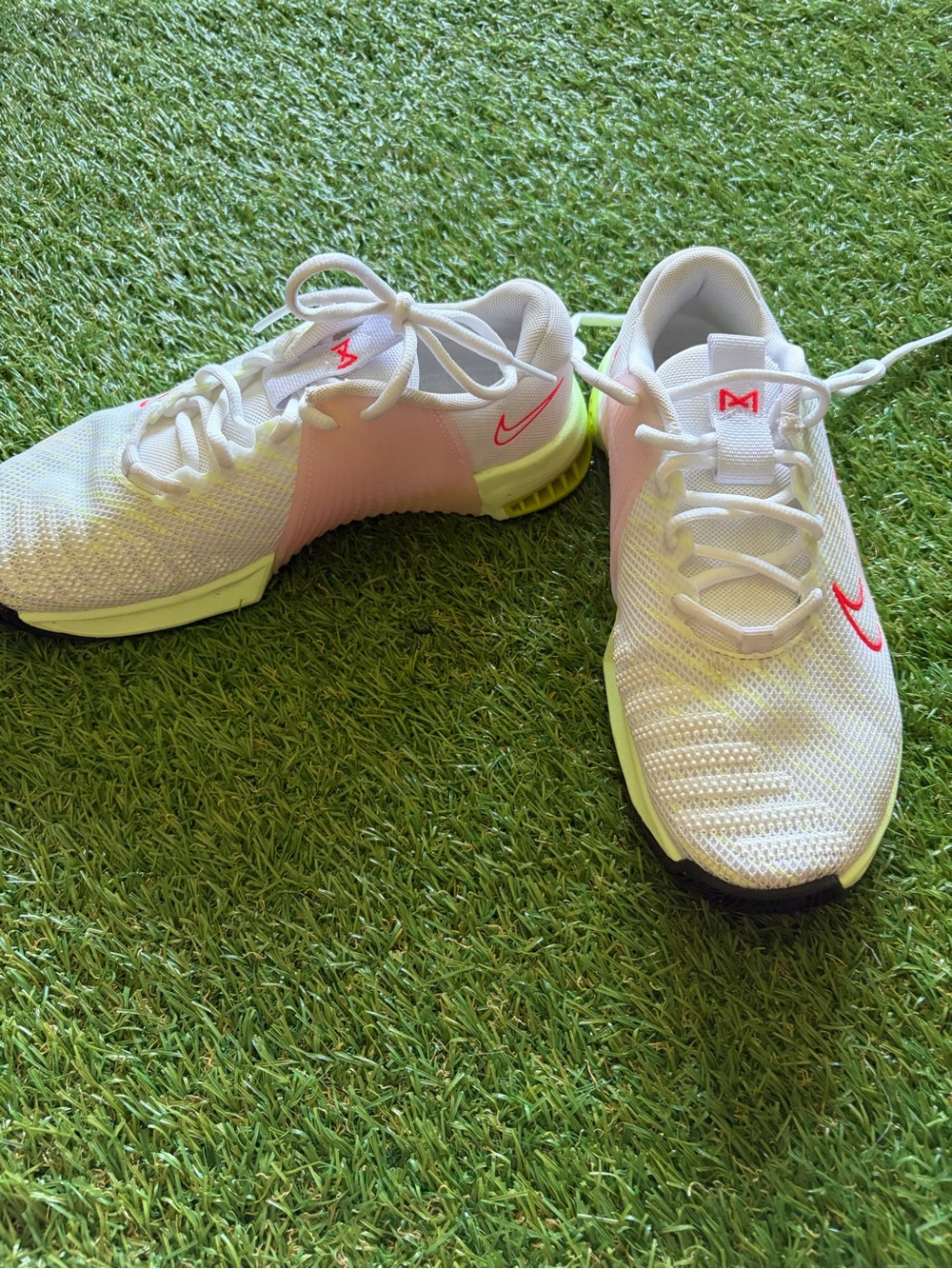 Nike White Shoes with Neon Pink Swoosh and Light Green Accents